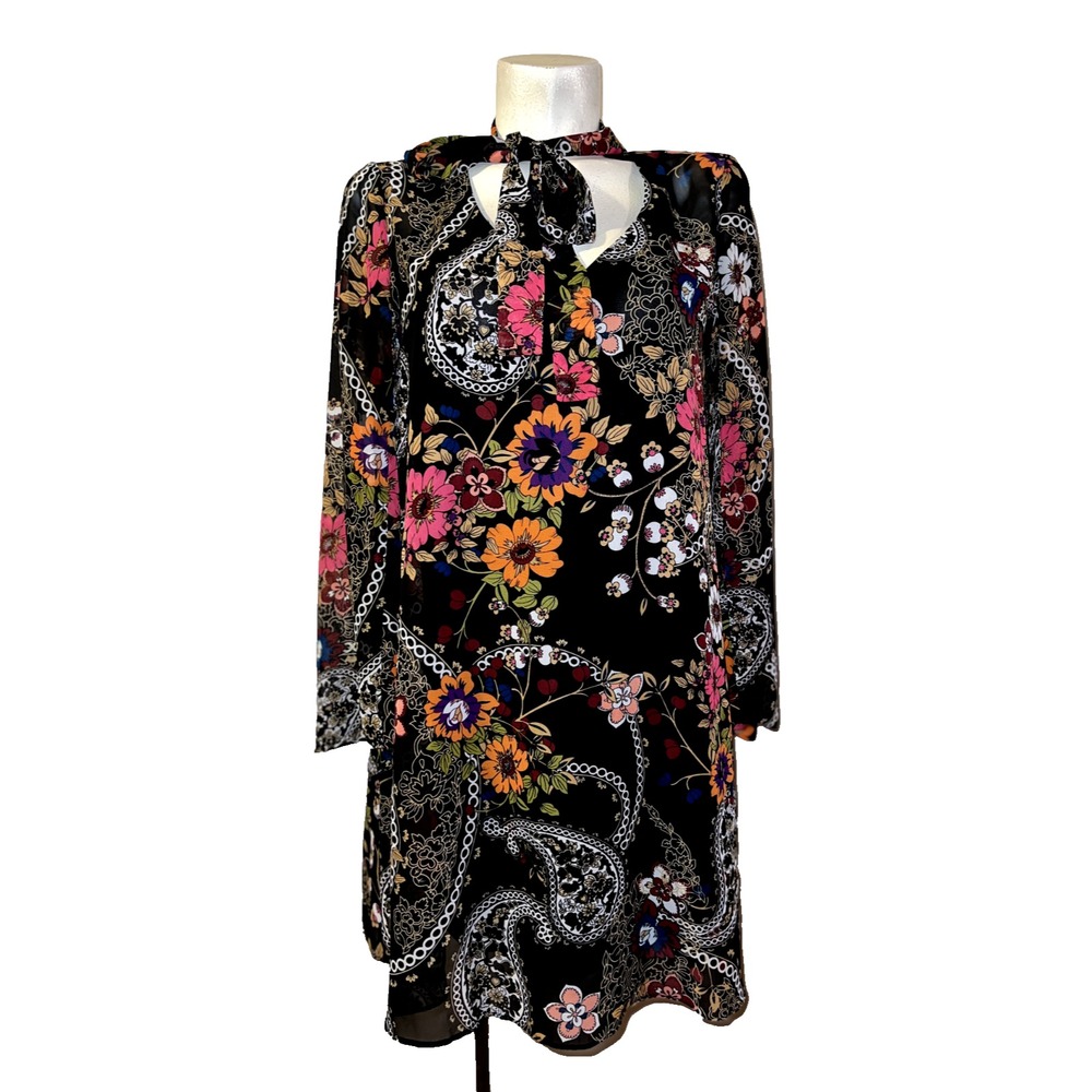Weslee Rose Black Floral Paisley Tie Neck Shift Mini Dress Tie Neck Womens Sz 8